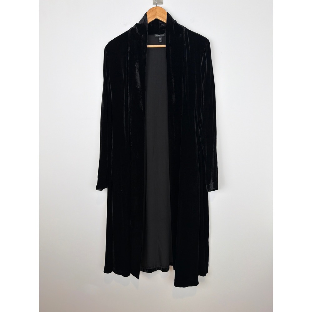 Eileen Fisher Black Velvet Silk Blend Duster Kimono Jacket M Maxi Luxury Pockets